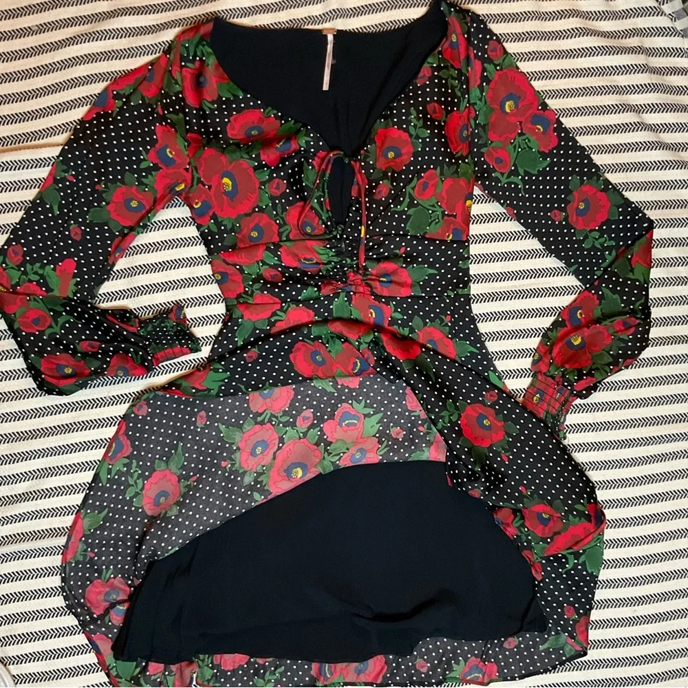 Free People Black and Red Floral‎ Long Sleeve Dress